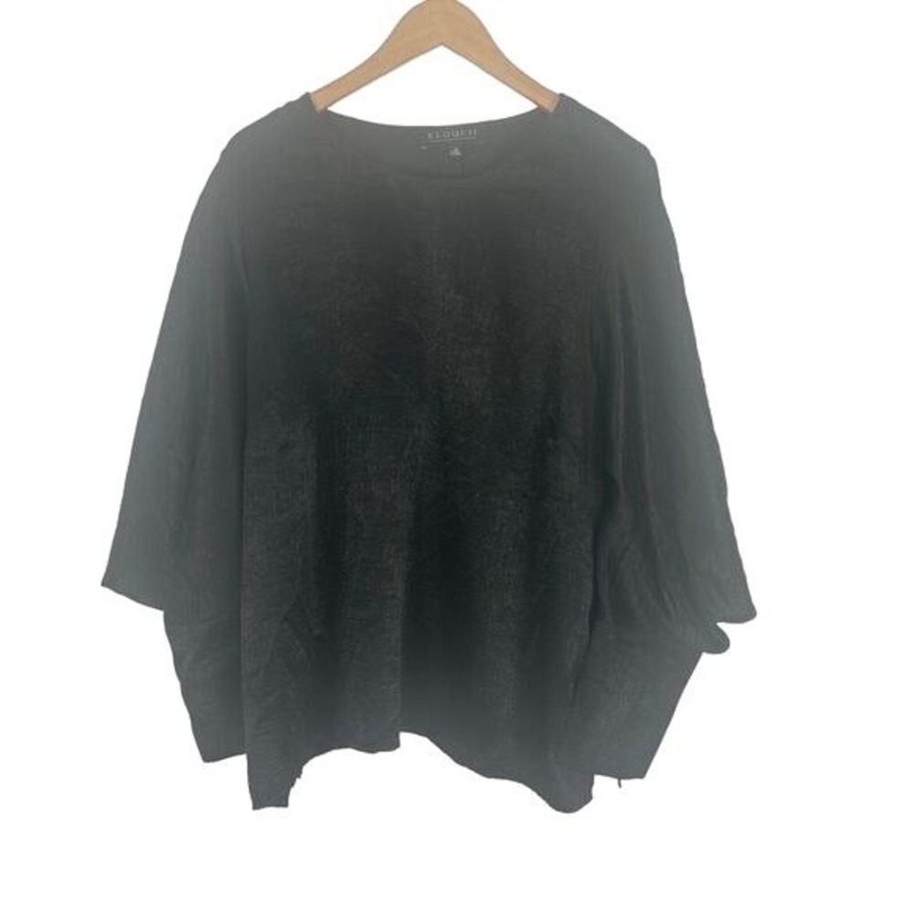 Eloquii Top Blouse Womens Size‎ 20 Black 3/4 Asymmetrical Slit Sleeve Shiny Work